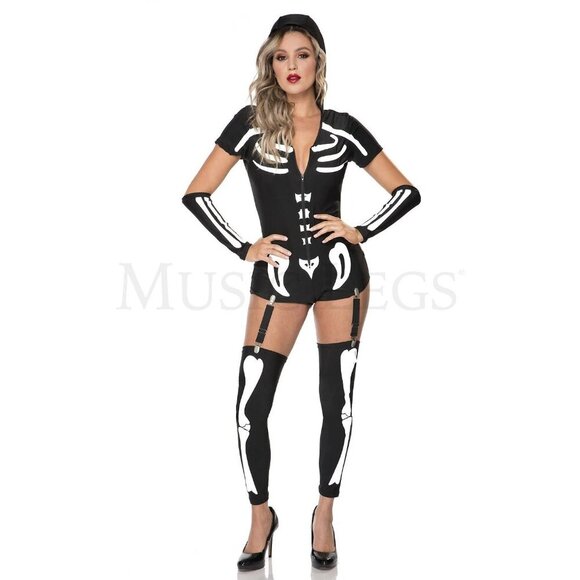 Sexy Skeleton 3 Pc Halloween Front Zip Skeleton Romper Costume Set Size M/L - Picture 4 of 7